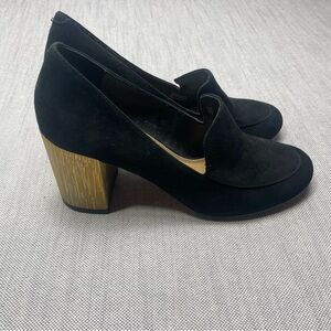 Splendid Chunky Suede Black & Gold Heels